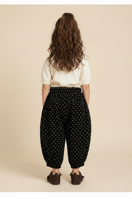 Pantalon Fluide Noir Pois Blancs Côtelé Ample Enfant - Cordé - vue 2