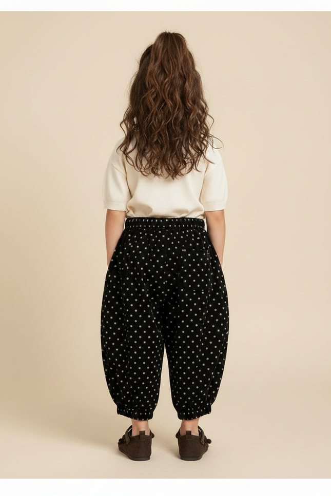 Pantalon Fluide Noir Pois Blancs Côtelé Ample Enfant - Cordé - vue 2
