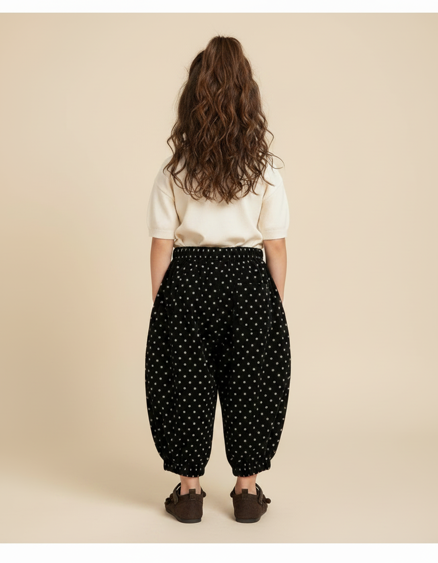 Pantalon Fluide Noir Pois Blancs Côtelé Ample Enfant - Cordé - vue 2