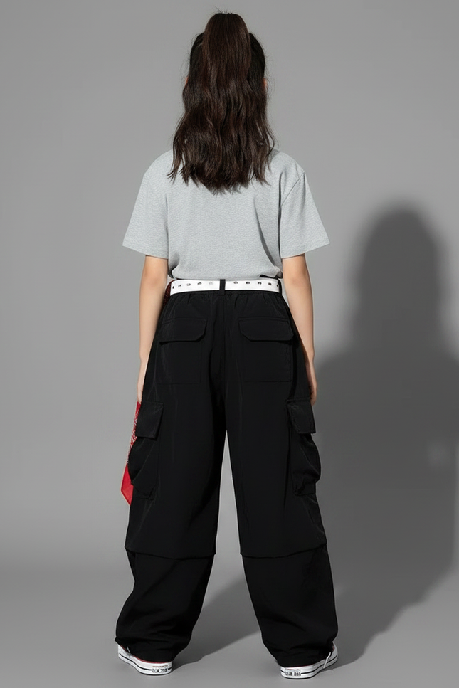 Pantalon Fluide Noir Cargo Ample Streetwear Fille - Polyester - vue 2