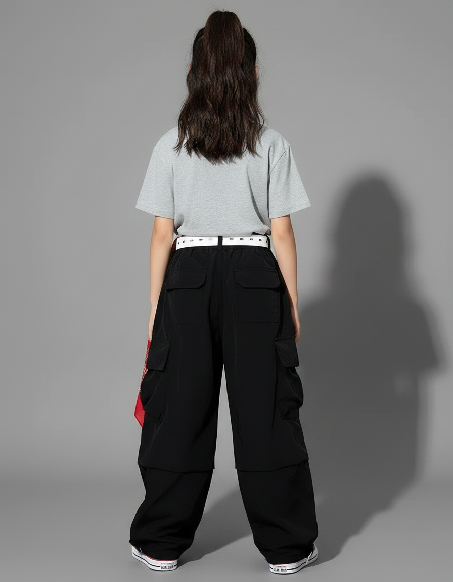 Pantalon Fluide Noir Cargo Ample Streetwear Fille - Polyester - vue 2