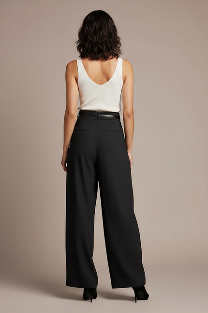 Pantalon Fluide Noir Ample Plissé Ceinturé Élégant - Polyester - vue 2