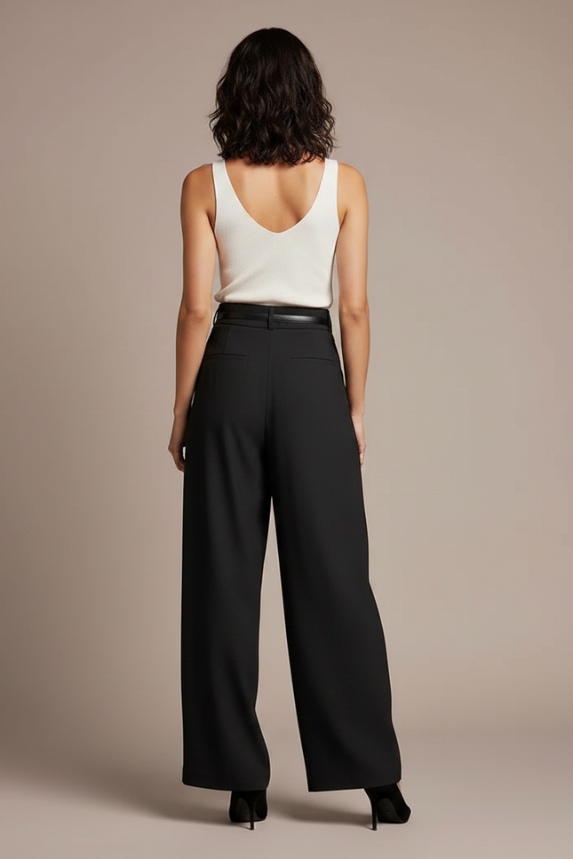 Pantalon Fluide Noir Ample Plissé Ceinturé Élégant - Polyester - vue 2