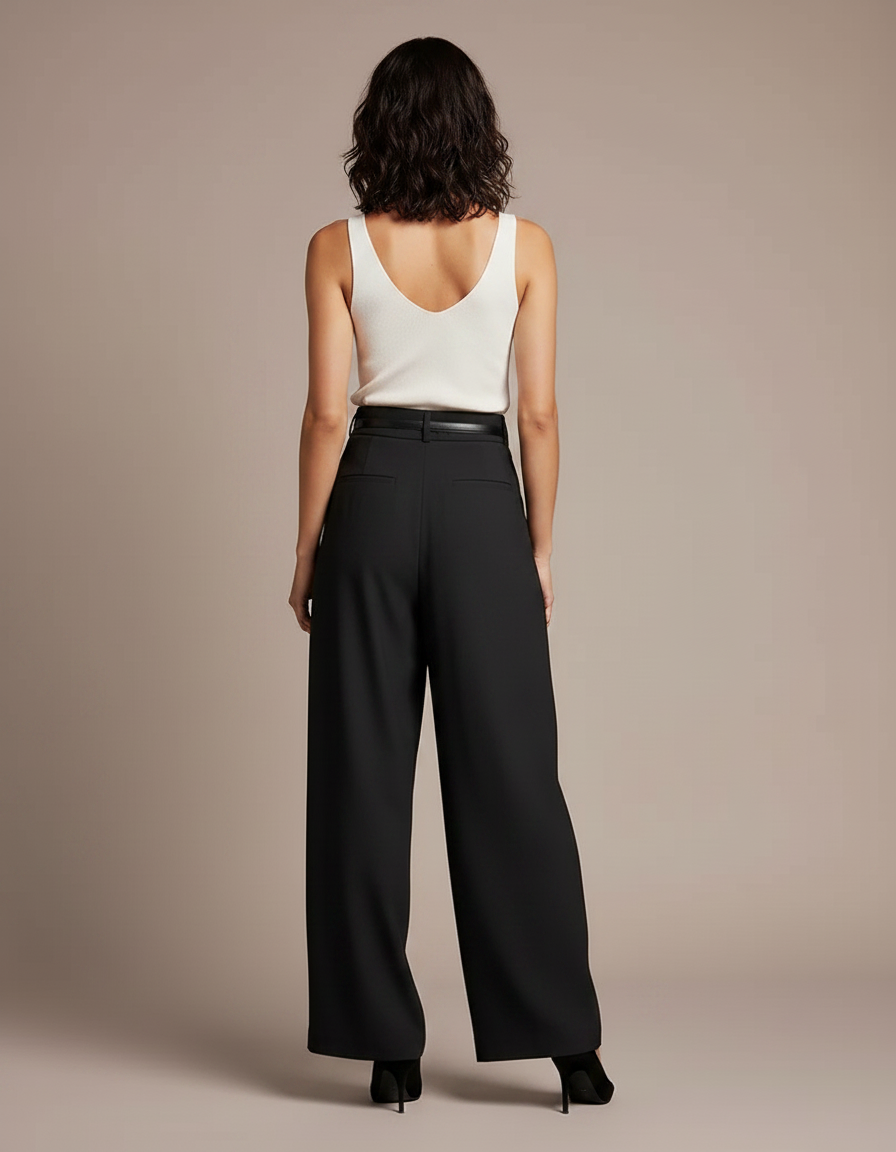 Pantalon Fluide Noir Ample Plissé Ceinturé Élégant - Polyester - vue 2