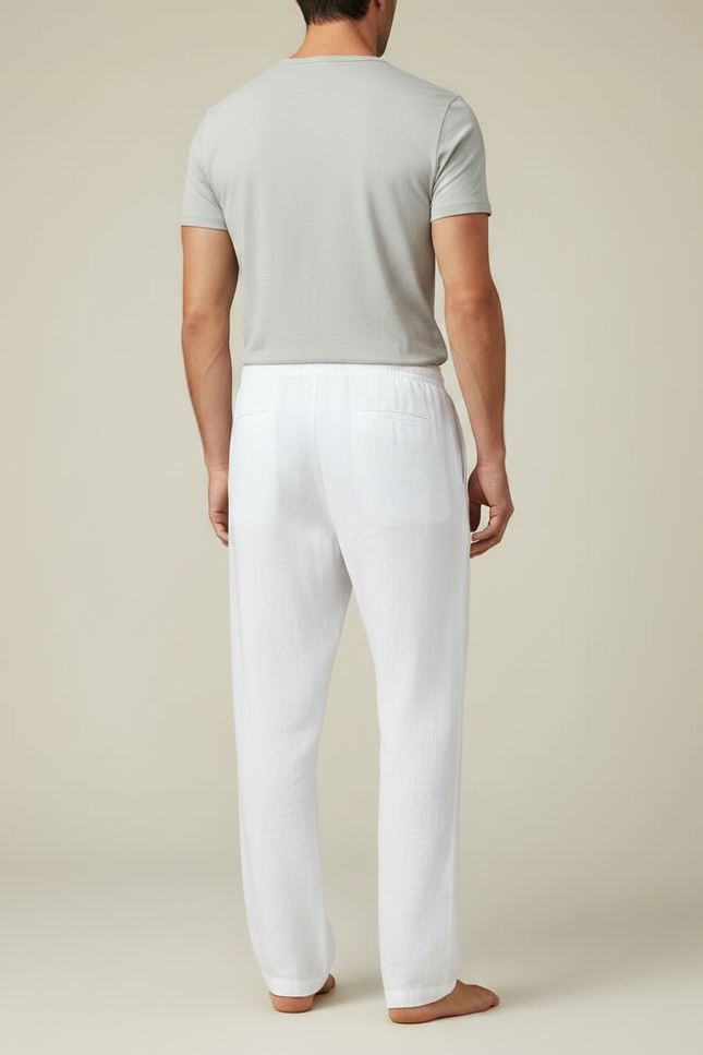 Pantalon Fluide Blanc Lin Cordon Décontracté Léger - vue 2