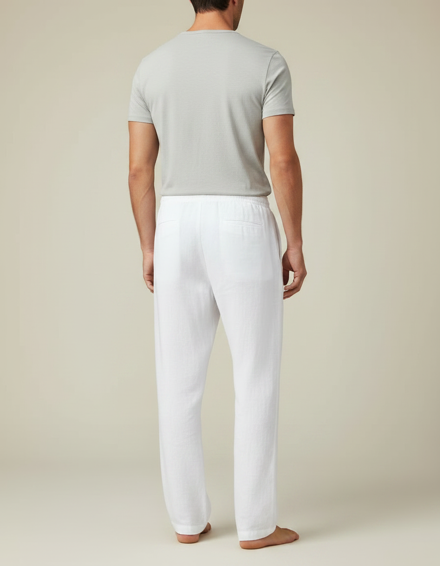 Pantalon Fluide Blanc Lin Cordon Décontracté Léger - vue 2
