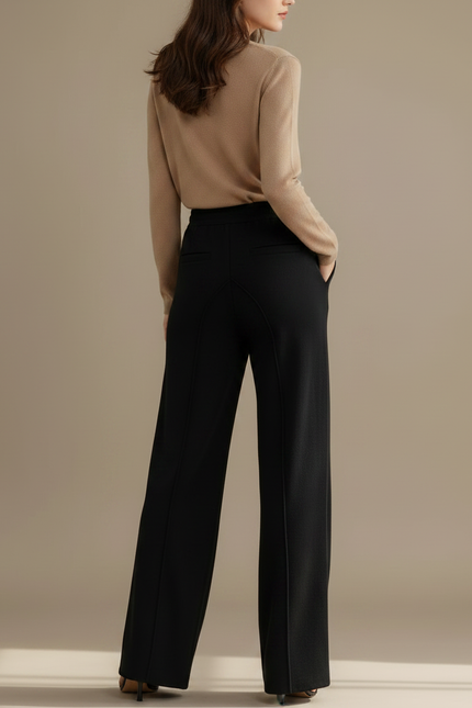 Pantalon Fluide Noir Ample Taille Haute Décontracté Femme - Maille - vue 2