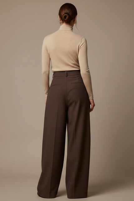 Pantalon Fluide Marron Ample Taille Haute Plissé - Gabardine - vue 2