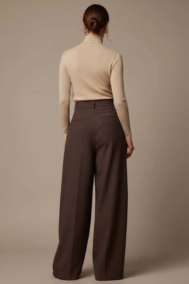 Pantalon Fluide Marron Ample Taille Haute Plissé - Gabardine - vue 2