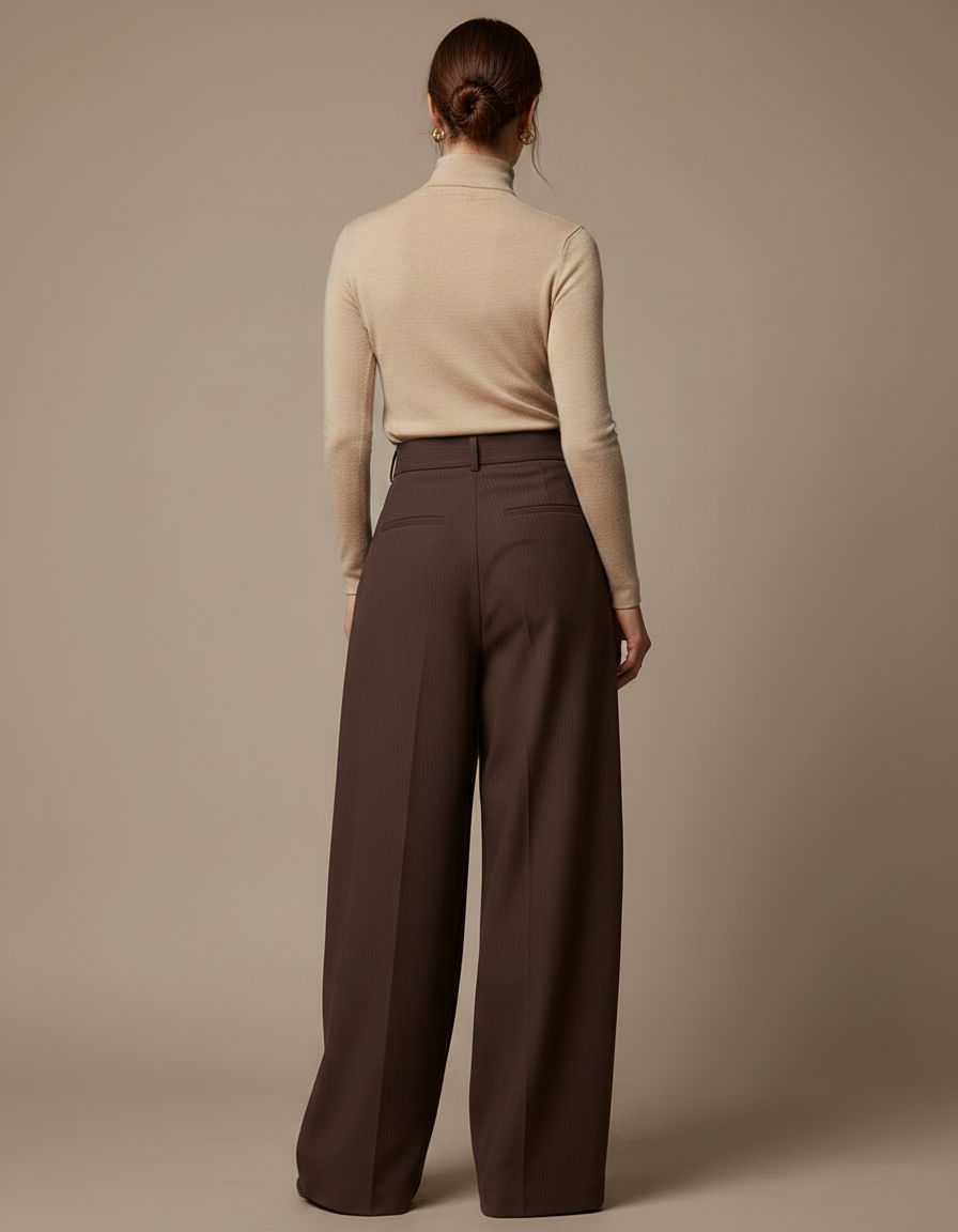 Pantalon Fluide Marron Ample Taille Haute Plissé - Gabardine - vue 2