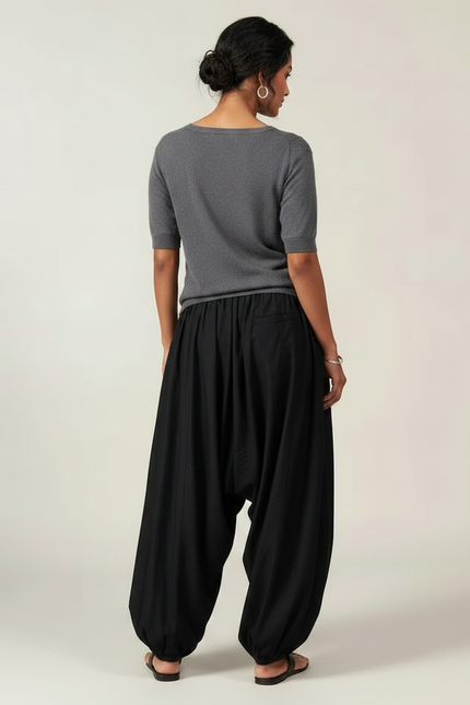 Pantalon Fluide Noir Ample Sarouel Décontracté Femme - Viscose - vue 2