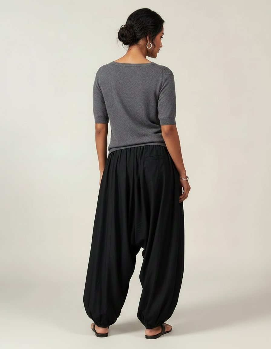 Pantalon Fluide Noir Ample Sarouel Décontracté Femme - Viscose - vue 2