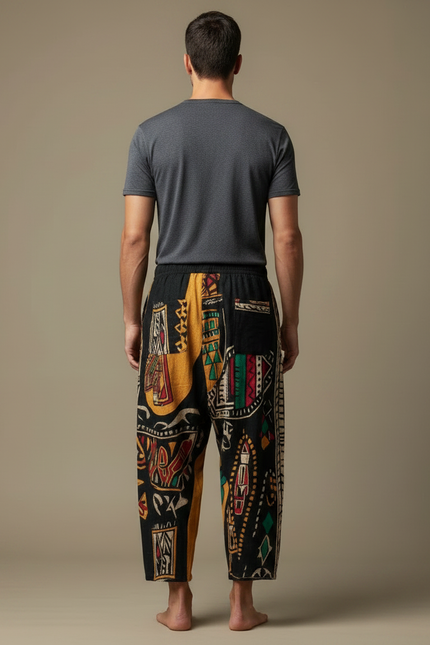 Pantalon Fluide Ethnique Noir Jaune Ample Imprimé Tribal - Multicolore Toile - vue 2