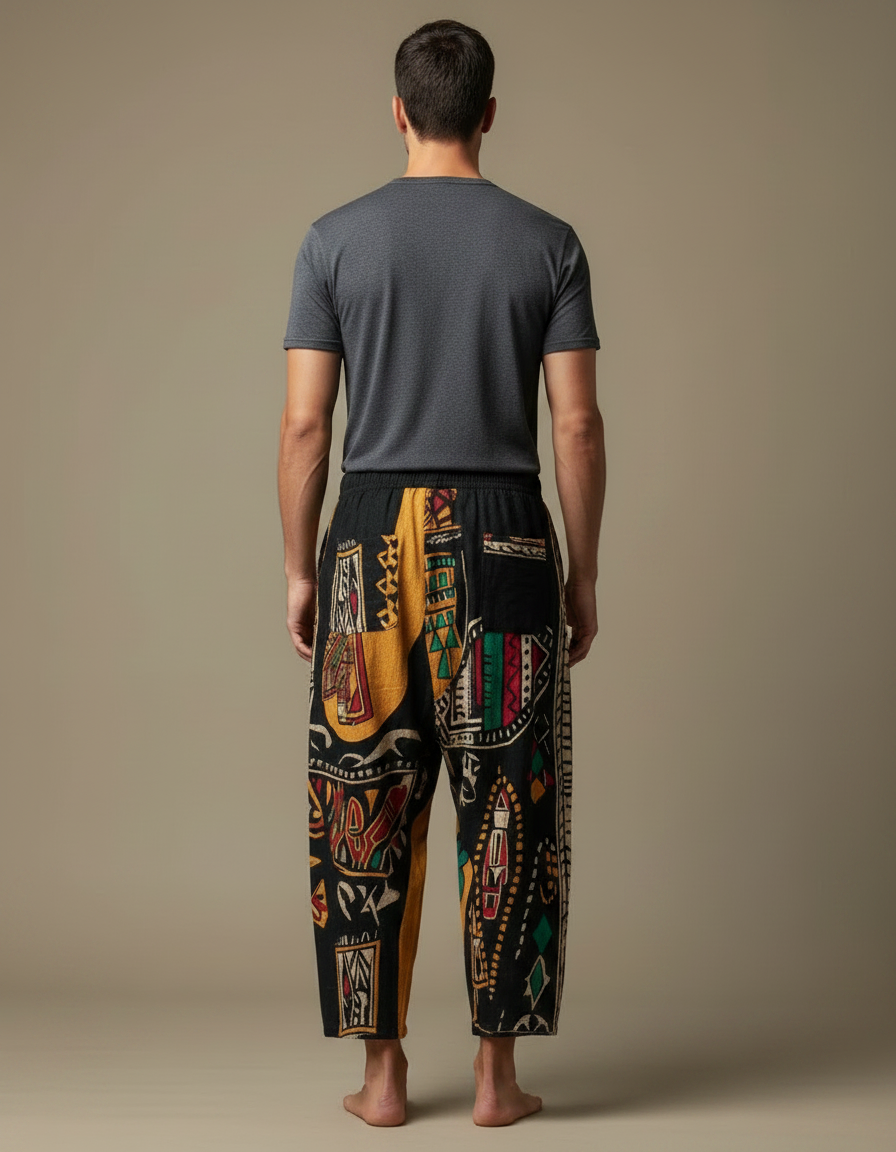 Pantalon Fluide Ethnique Noir Jaune Ample Imprimé Tribal - Multicolore Toile - vue 2
