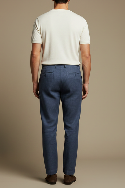 Pantalon Fluide Bleu Marine Lin Plissé Homme Décontracté - vue 2