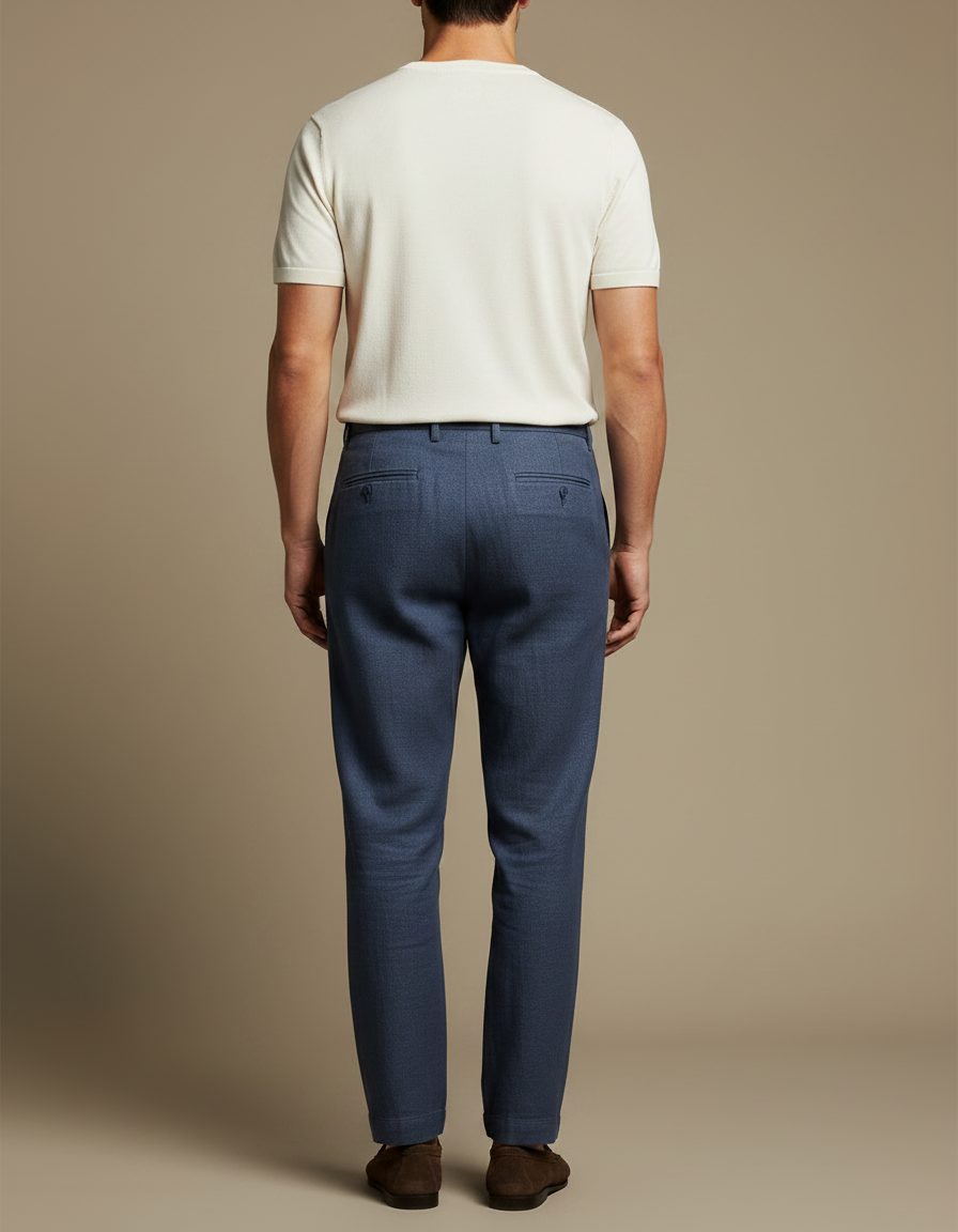 Pantalon Fluide Bleu Marine Lin Plissé Homme Décontracté - vue 2