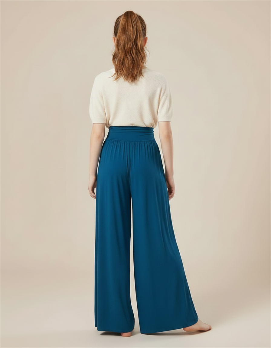 Pantalon Fluide Bleu Canard Ample Taille Haute Danse - Viscose - vue 2