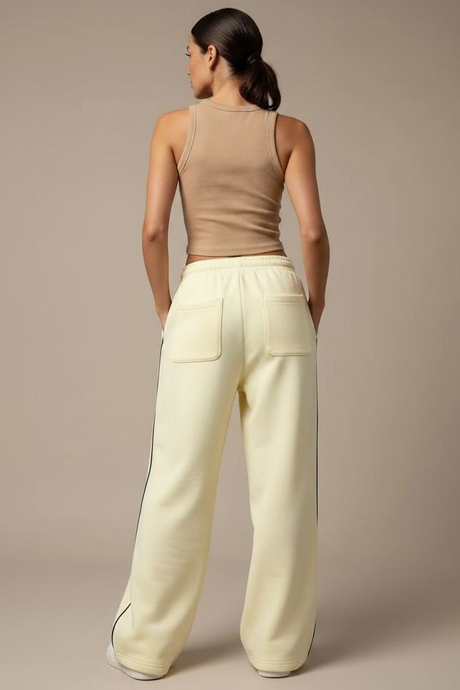 Pantalon Fluide Écru Ample Rayures Latérales Décontracté - Jaune Molleton - vue 2