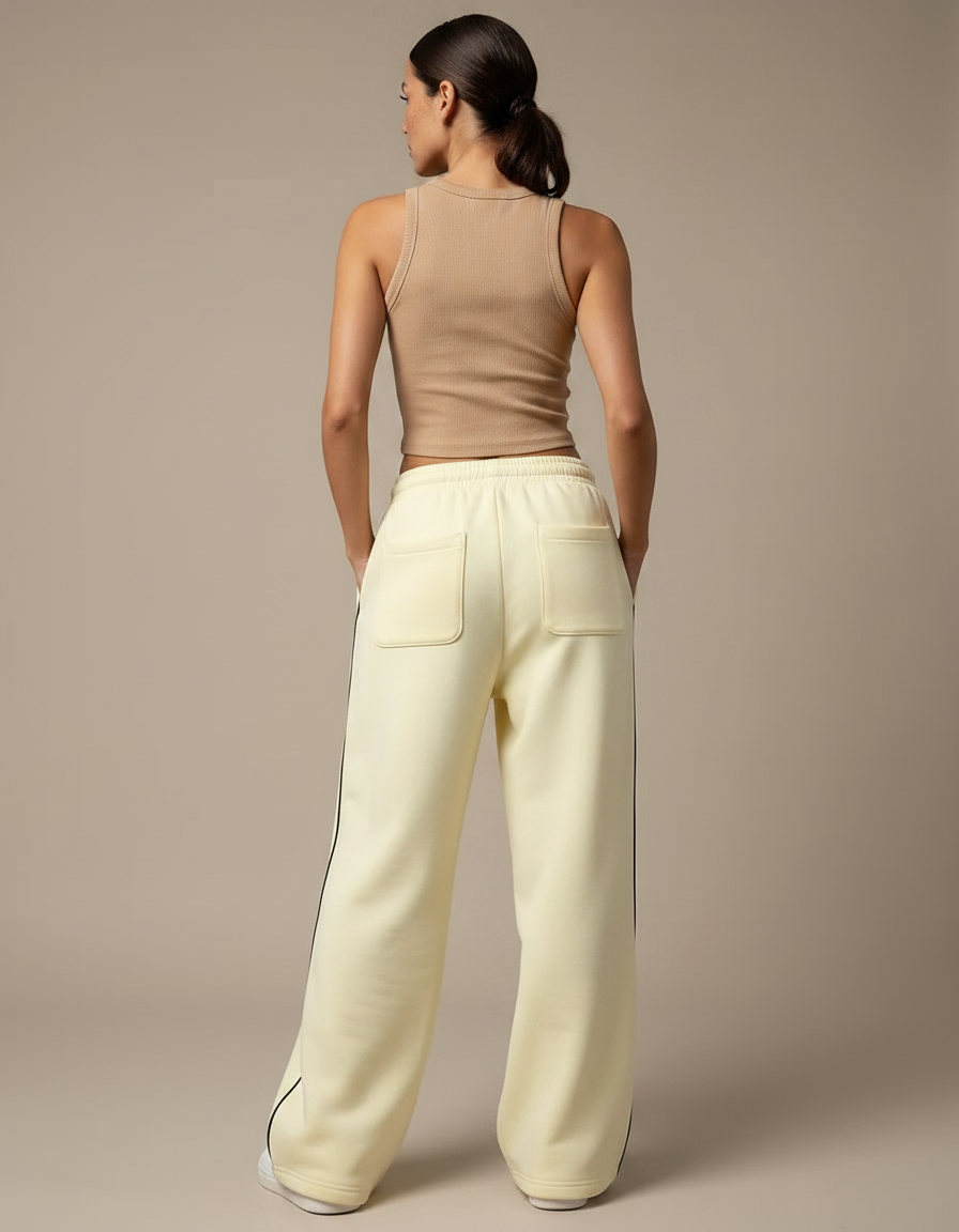Pantalon Fluide Écru Ample Rayures Latérales Décontracté - Jaune Molleton - vue 2