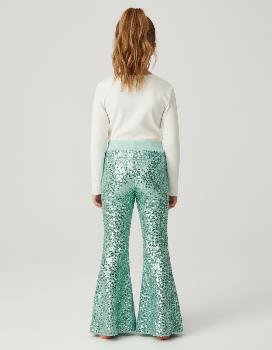 Pantalon Fluide Paillettes Vert Évasé Scintillant Confortable - Maille - vue 2