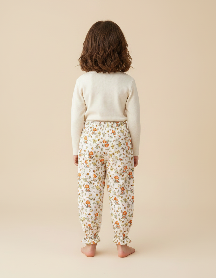 Pantalon Fluide Écru Imprimé Champignons Fleuri Ample Coton - vue 2