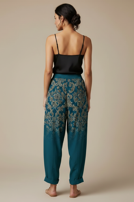 Pantalon Fluide Imprimé Fleuri Ample Bohème Turquoise - Multicolore Viscose - vue 2