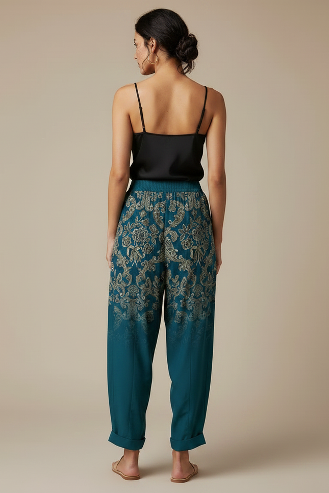 Pantalon Fluide Imprimé Fleuri Ample Bohème Turquoise - Multicolore Viscose - vue 2