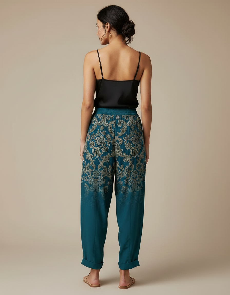 Pantalon Fluide Imprimé Fleuri Ample Bohème Turquoise - Multicolore Viscose - vue 2