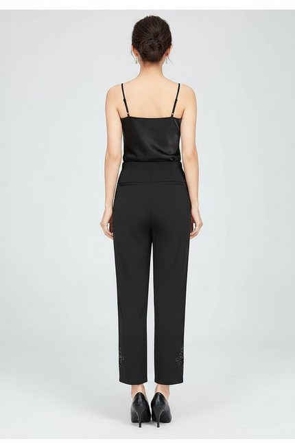 Pantalon Fluide Noir Brodé Cheville Décontracté Chic - Viscose - vue 2