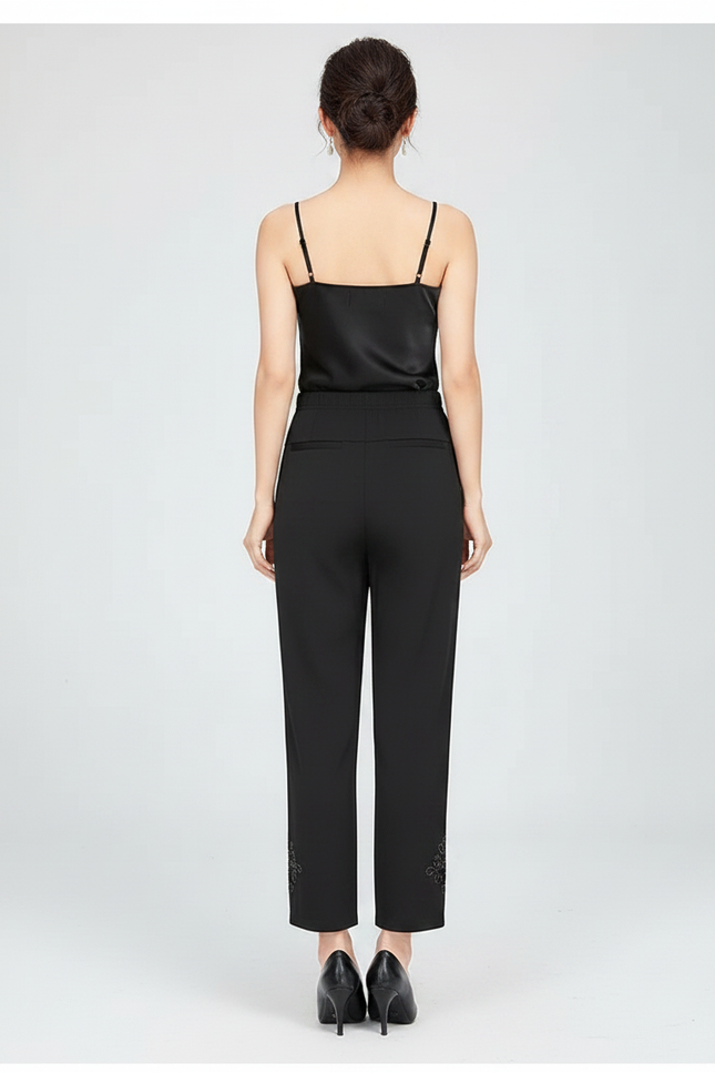 Pantalon Fluide Noir Brodé Cheville Décontracté Chic - Viscose - vue 2