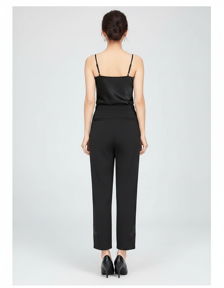 Pantalon Fluide Noir Brodé Cheville Décontracté Chic - Viscose - vue 2