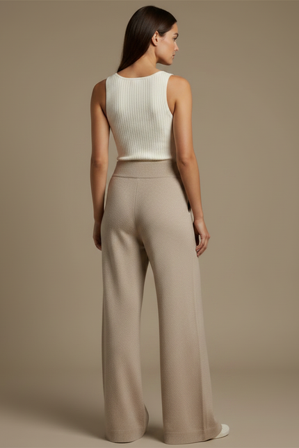 Pantalon Fluide Beige Large Tricot Confortable Femme - Maille - vue 2