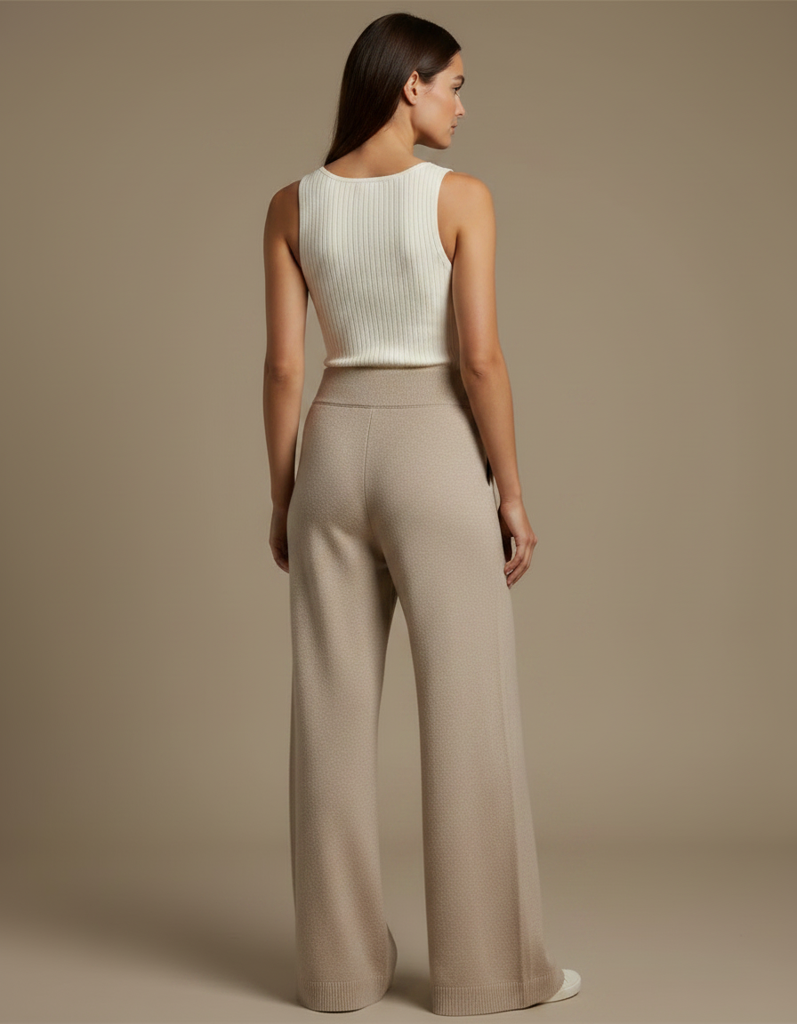 Pantalon Fluide Beige Large Tricot Confortable Femme - Maille - vue 2