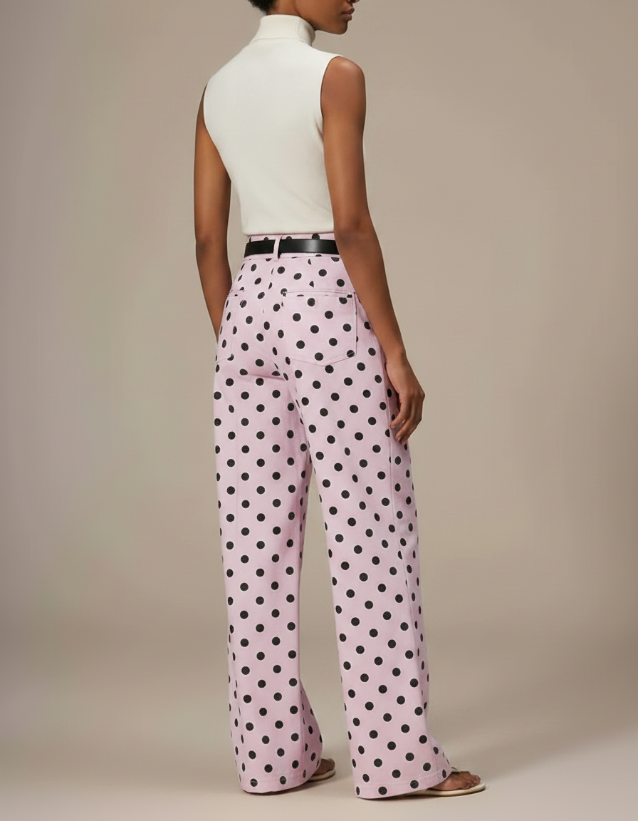 Pantalon Fluide Rose À Pois Noir Ample Décontracté Femme - Viscose - vue 2