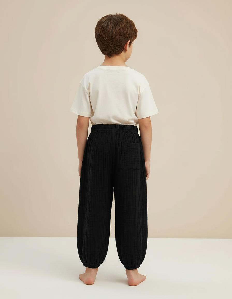 Pantalon Fluide Noir Ample Gaze Coton Unisexe - vue 2