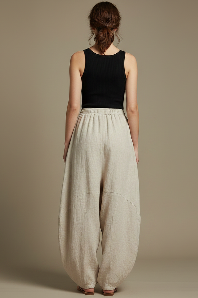 Pantalon Fluide Beige Coton Lin Ample Décontracté Yoga - vue 2