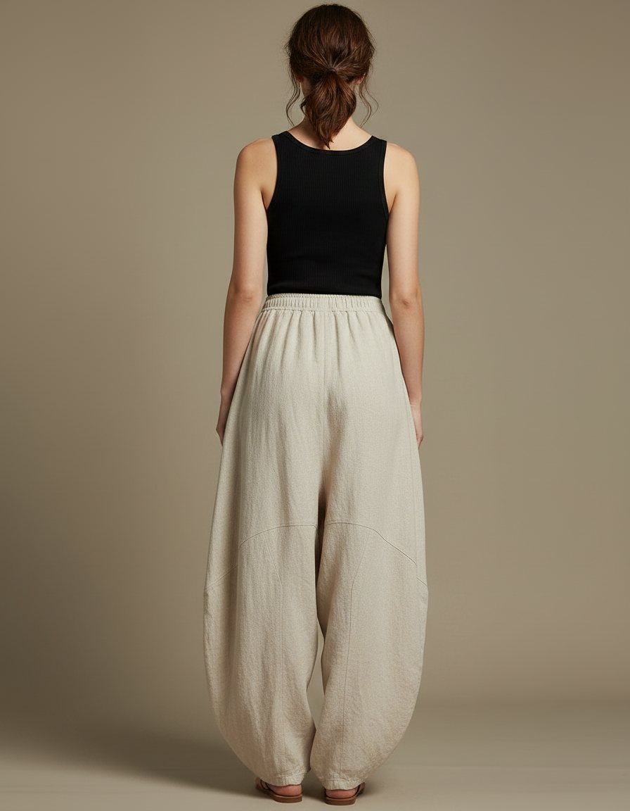 Pantalon Fluide Beige Coton Lin Ample Décontracté Yoga - vue 2