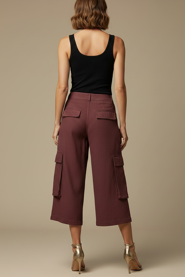 Pantalon Fluide Cargo Bordeaux Court Coton Ample - vue 2
