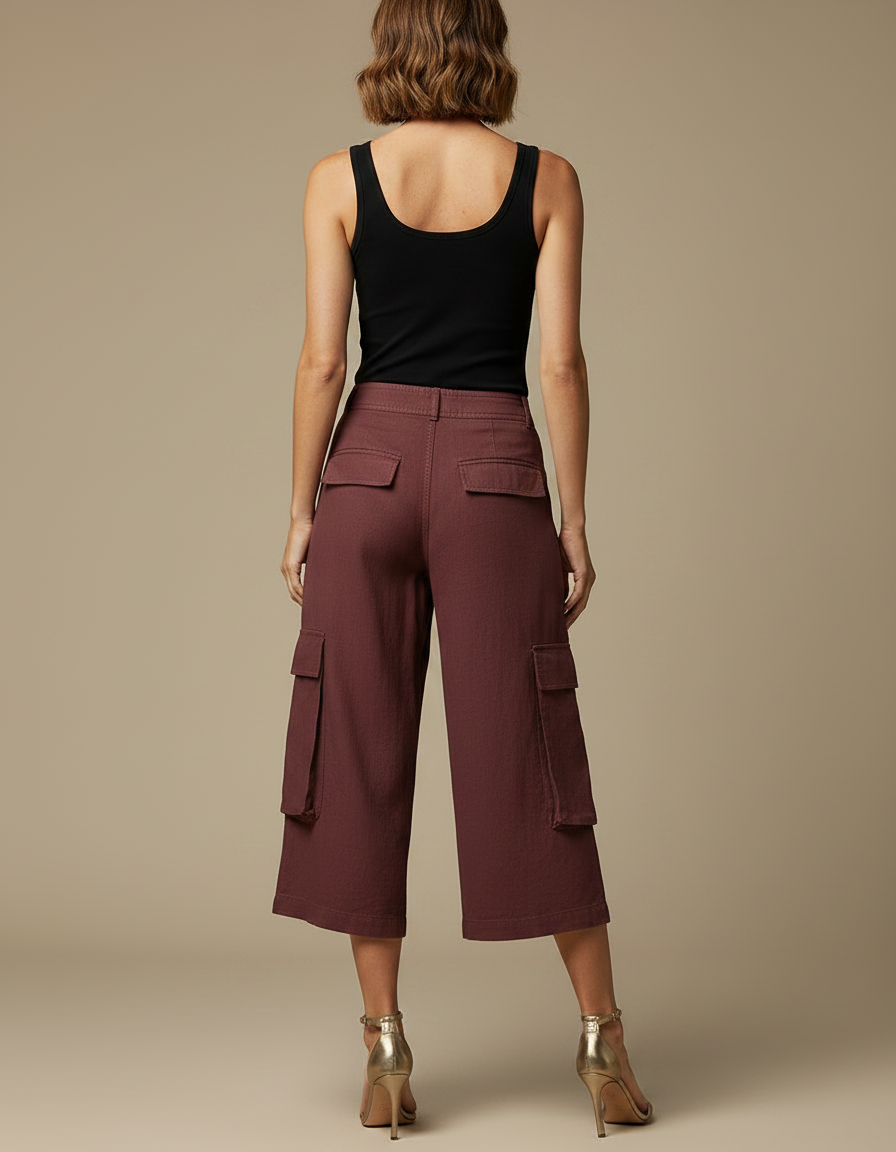 Pantalon Fluide Cargo Bordeaux Court Coton Ample - vue 2