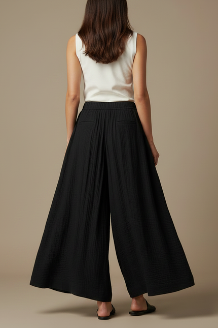Pantalon Fluide Noir Ample Plissé Coton Décontracté - vue 2