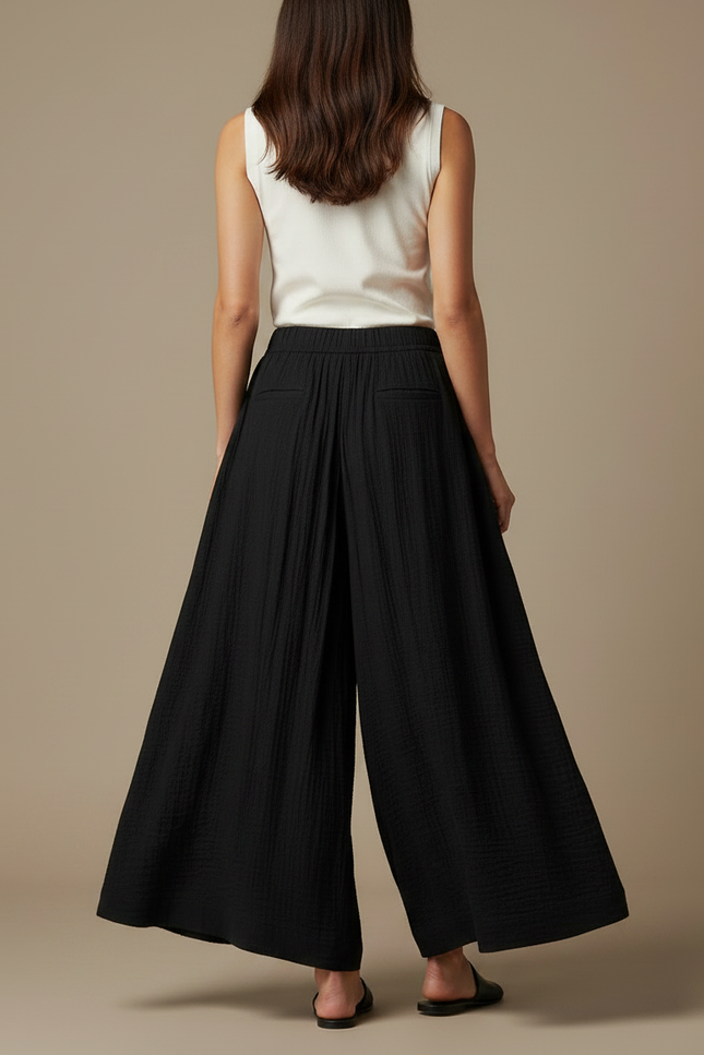 Pantalon Fluide Noir Ample Plissé Coton Décontracté - vue 2
