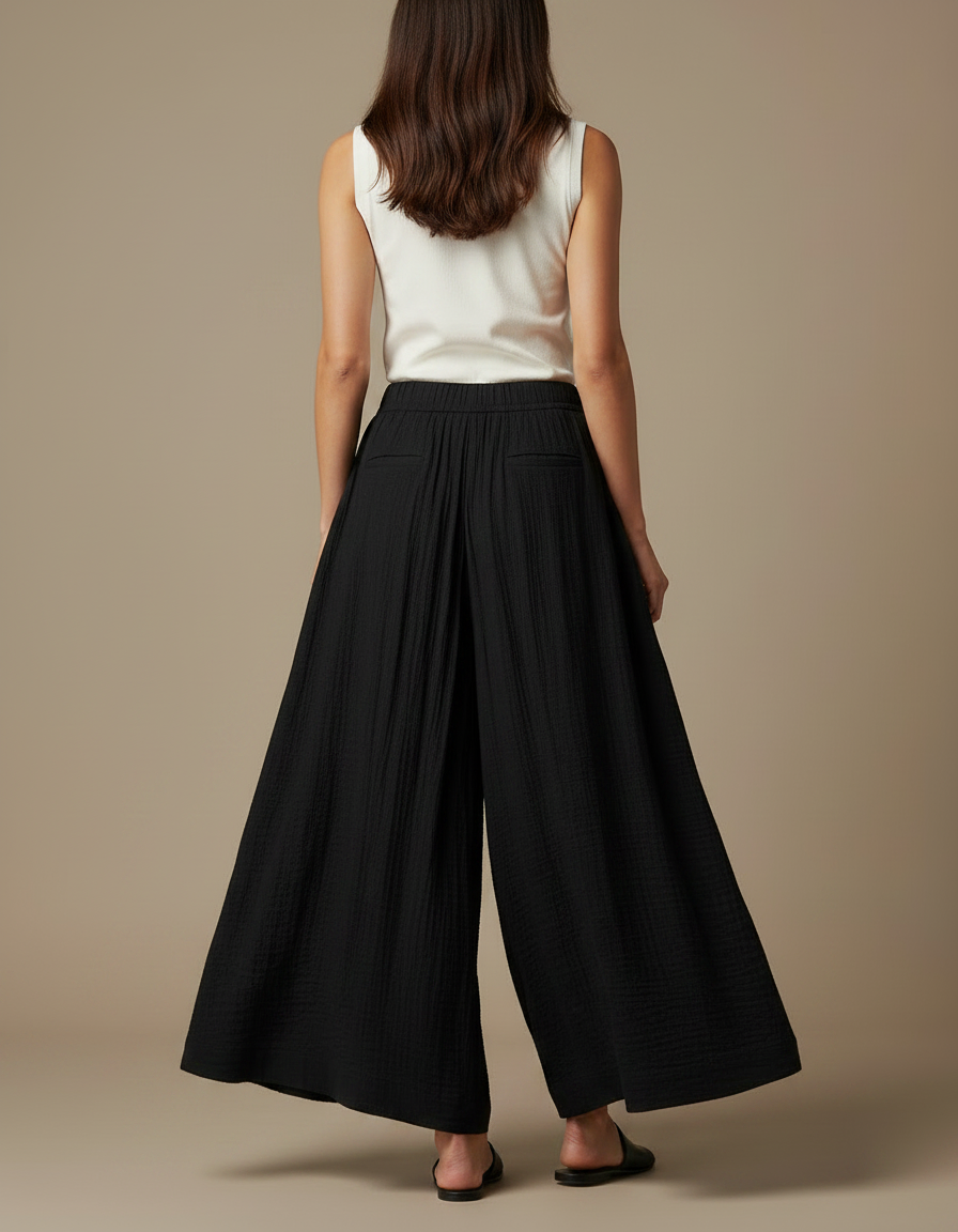 Pantalon Fluide Noir Ample Plissé Coton Décontracté - vue 2