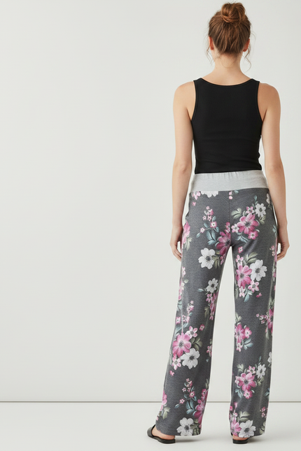 Pantalon Fluide Gris Floral Ample Décontracté Femme - Molleton - vue 2