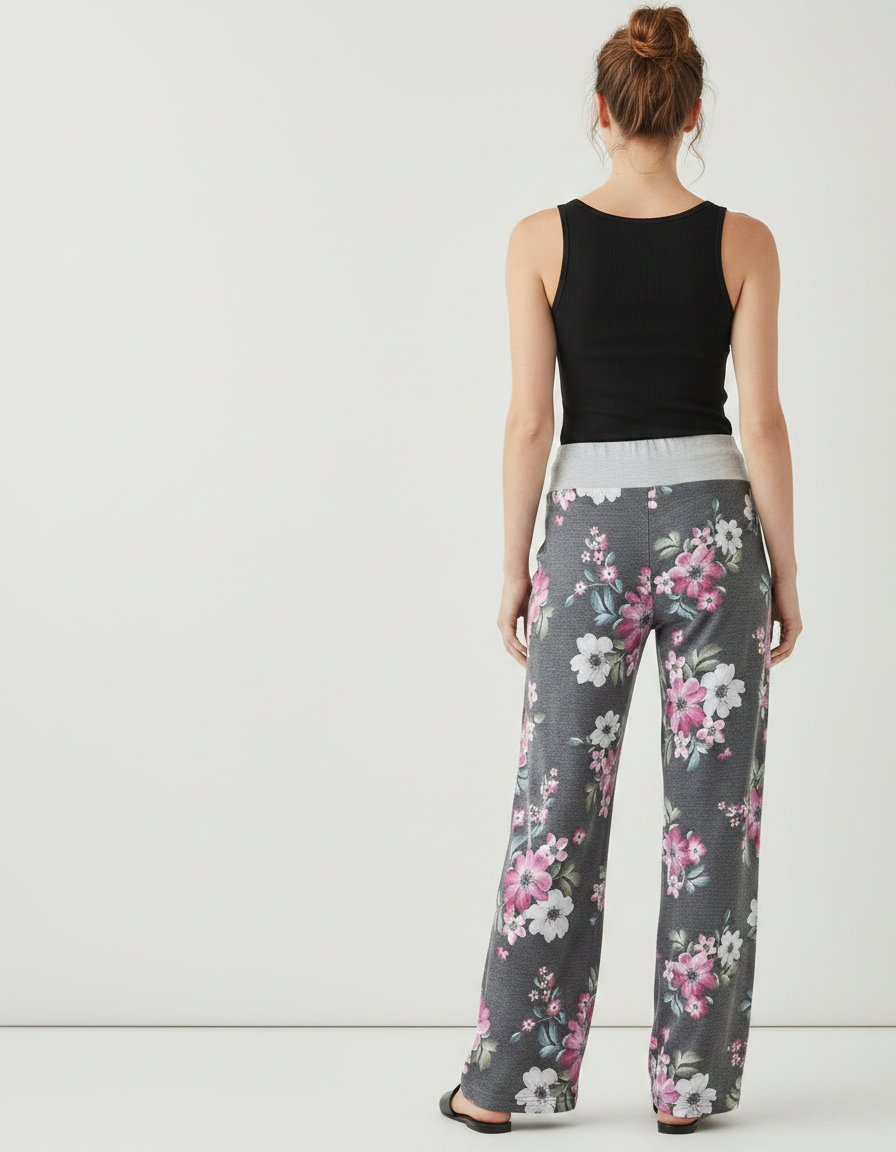 Pantalon Fluide Gris Floral Ample Décontracté Femme - Molleton - vue 2