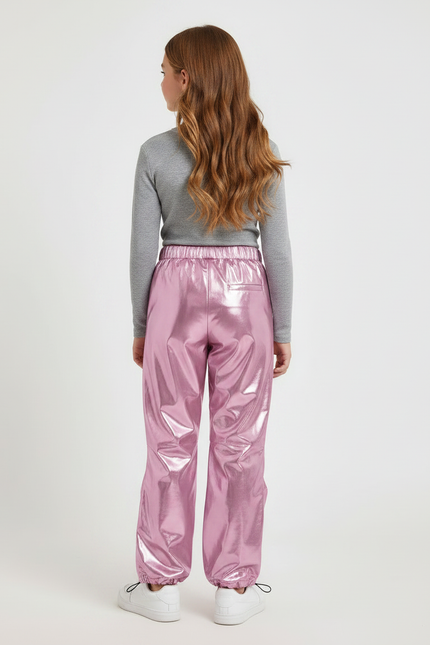 Pantalon Fluide Métallisé Rose Cargo Brillant Fille - Polyester - vue 2