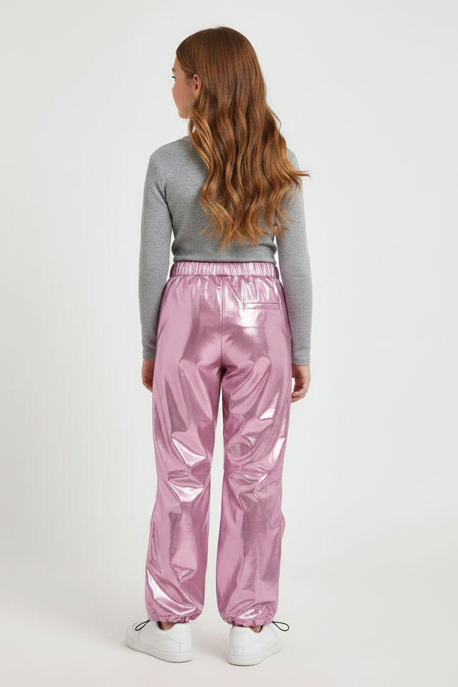 Pantalon Fluide Métallisé Rose Cargo Brillant Fille - Polyester - vue 2