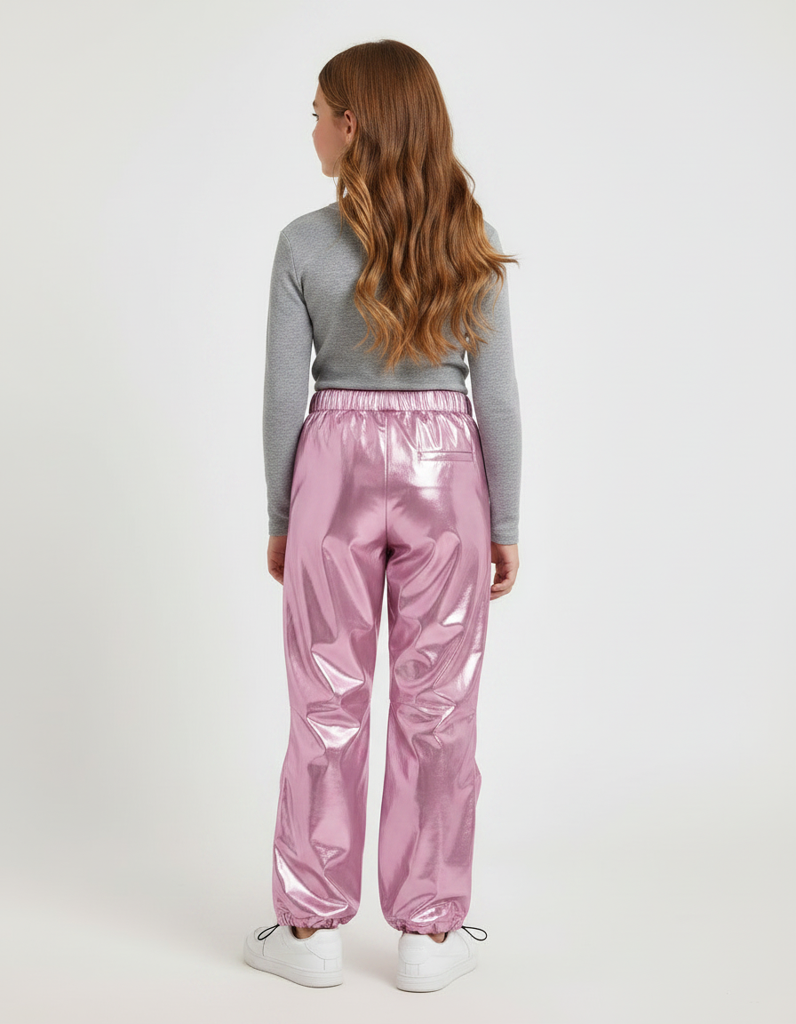 Pantalon Fluide Métallisé Rose Cargo Brillant Fille - Polyester - vue 2