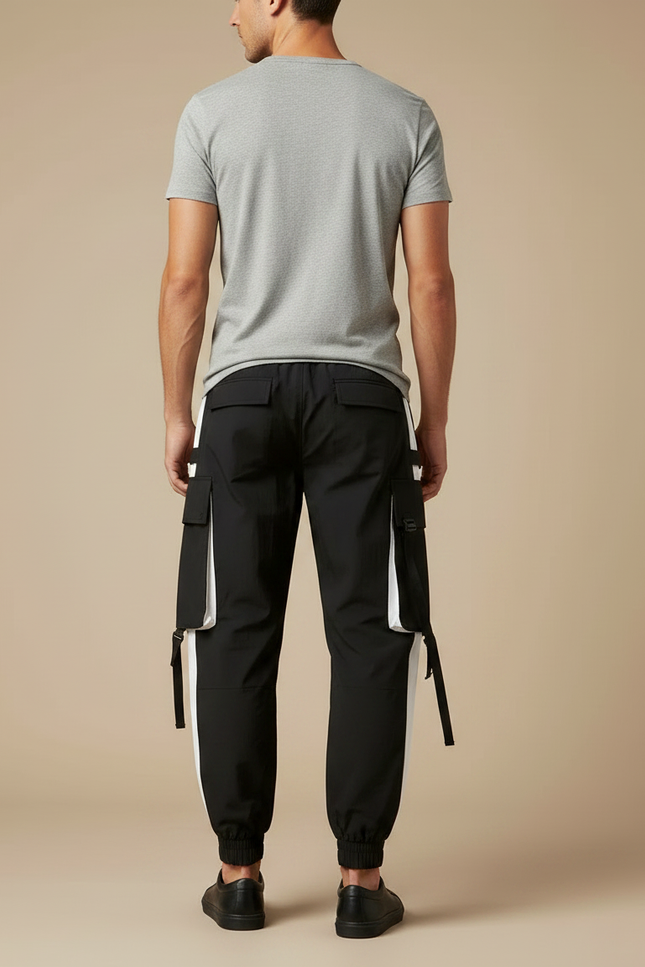 Pantalon Fluide Cargo Noir Blanc Sport Homme - Polyester - vue 2