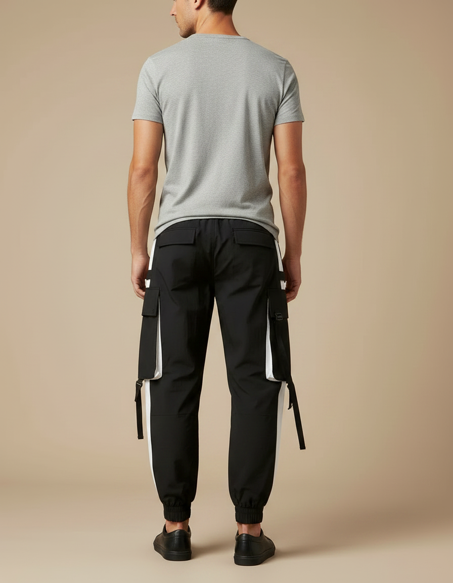 Pantalon Fluide Cargo Noir Blanc Sport Homme - Polyester - vue 2