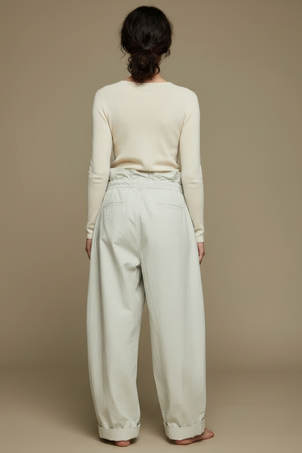 Pantalon Fluide Écru Ample Coton Taille Haute Élégant - Gris - vue 2